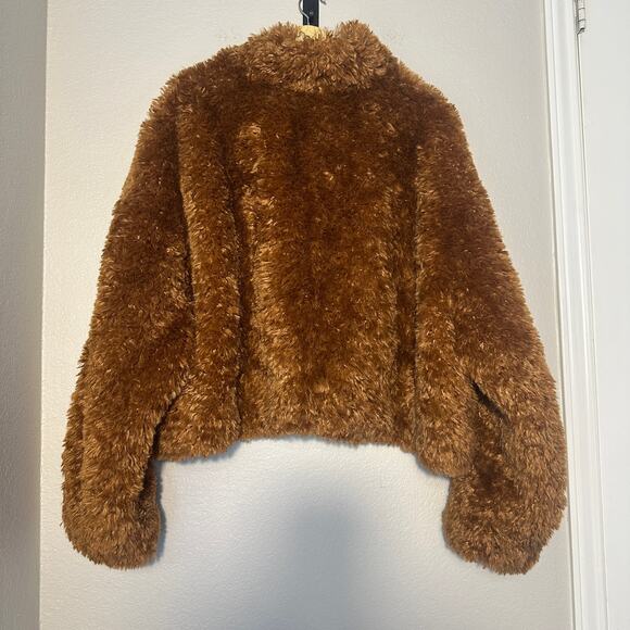 Anthropologie Maeve Teddy Faux Fur Cropped Zip Up Jacket Honey Brown, 2X - Picture 4 of 8